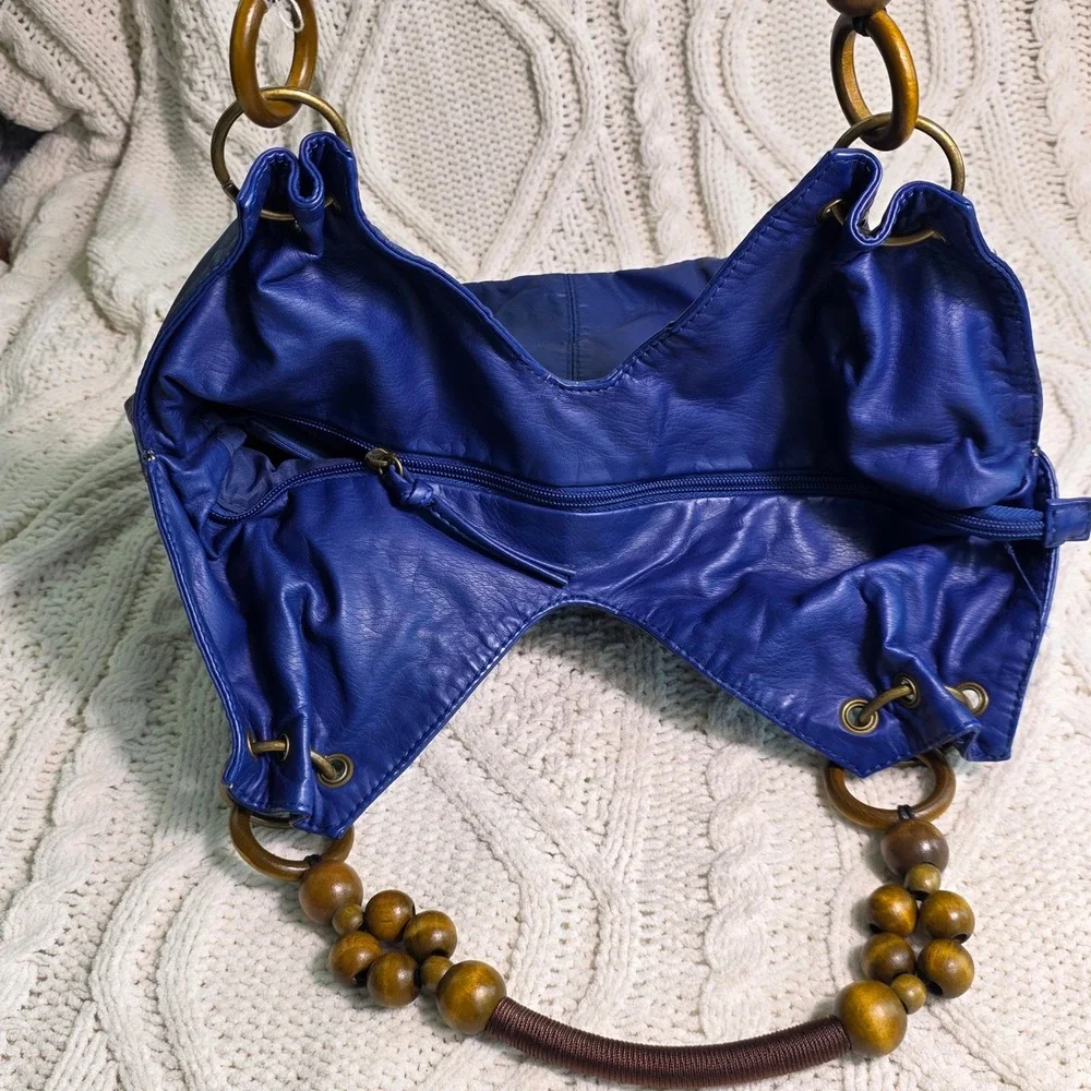 Bueno Hobo Satchel Bag Royal Blue Wood Bead Circle Handle Purse Soft Colorful